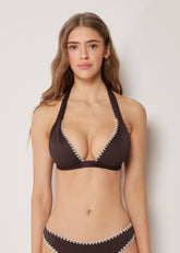 Padded Triangle Swimsuit Top Bicolor Embroidery