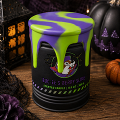 Buc-ee's Berry Slime Scented Candle with a halloween background.