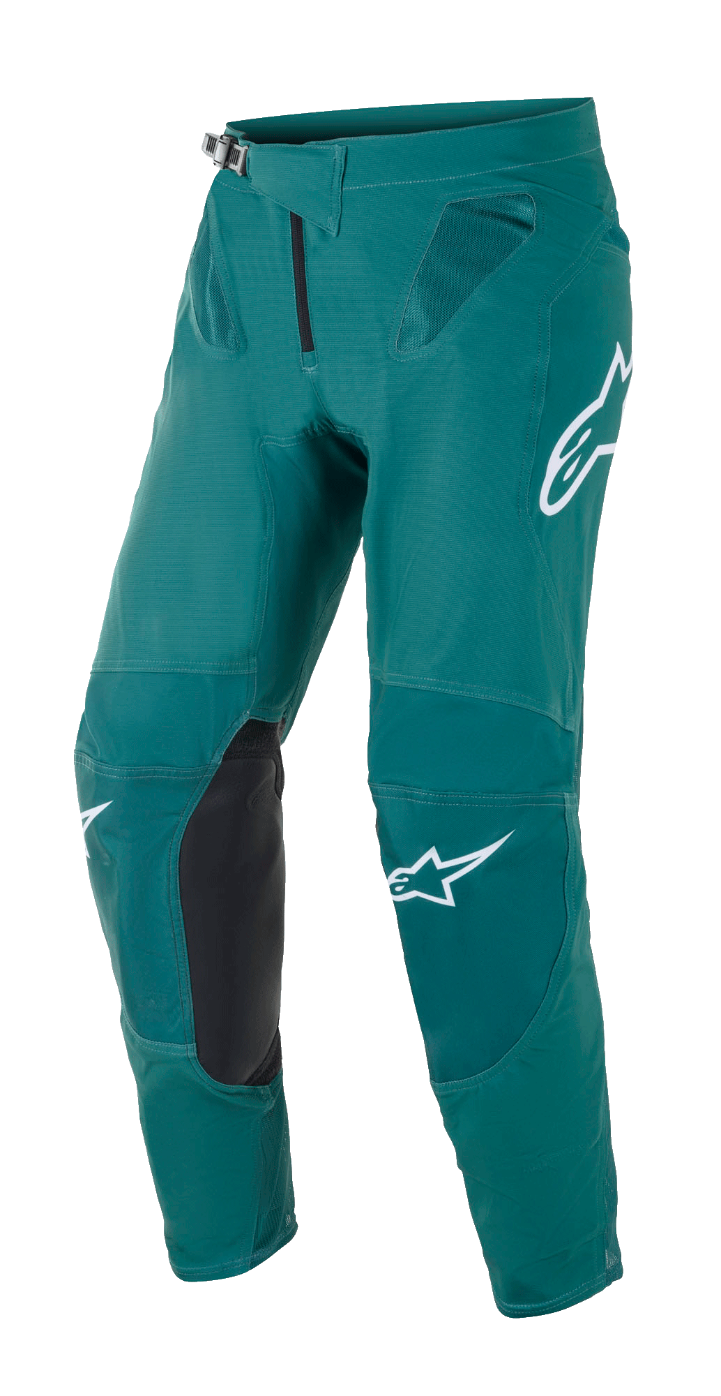 Alpinestars Supertech Blaze crossbroek, motorcross broek, donkergroen, voorzien van witte Alpinestars-logo's, zwarte lederen knieverstevigingspanelen, ratelsluiting in de taille en mesh-ventilatie op de heupen, duurzame constructie voor off-road racen